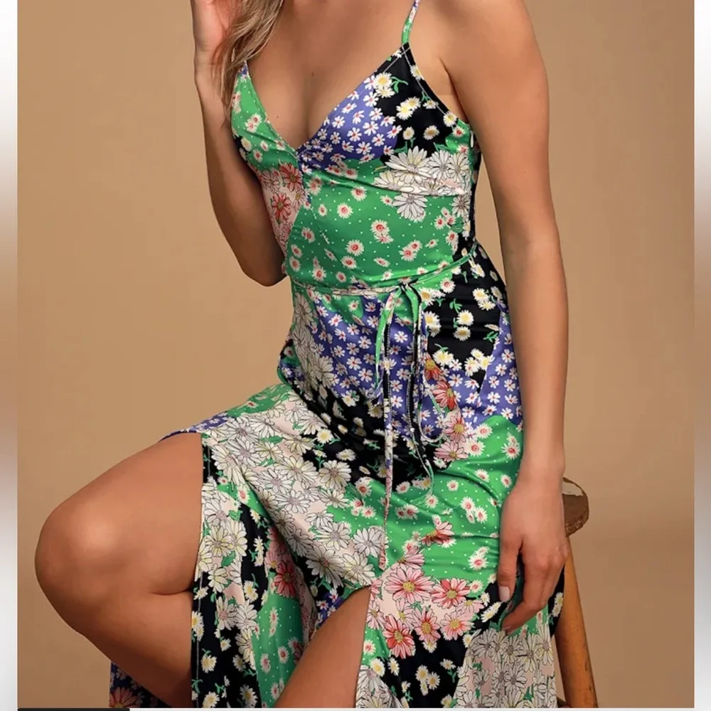 lulus green floral dress Green Floral Print Dress - Satin Midi Dress - Surplice Dress
